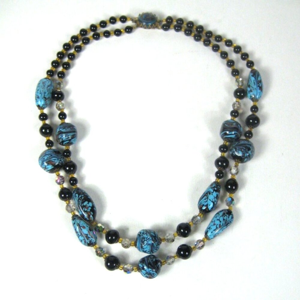 Vintage Hand Blown Feathering Gold Blue Glass Beads Black BeadsDouble Strand Nec